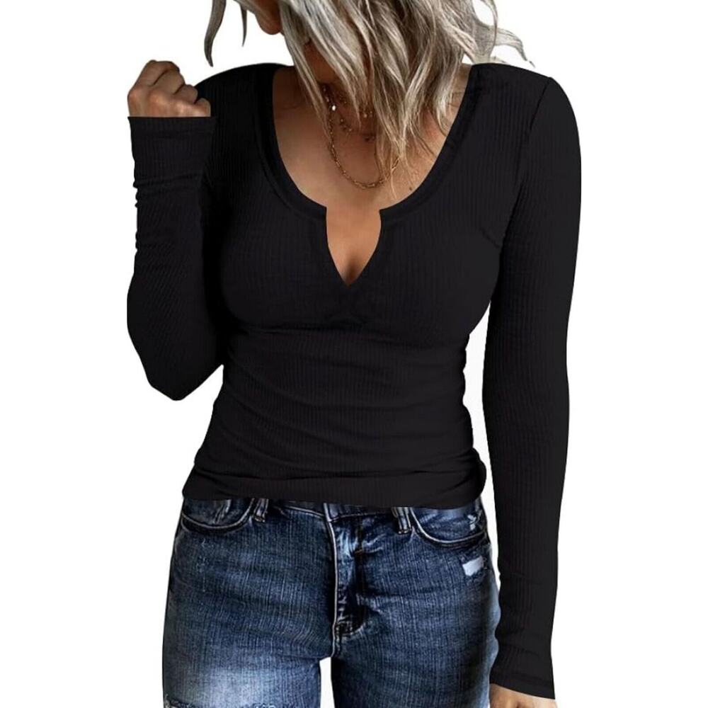 AKEWEI Women's Soft V Neck Ribbed Knit Shirts Basic Long Sleeve Top 2XL